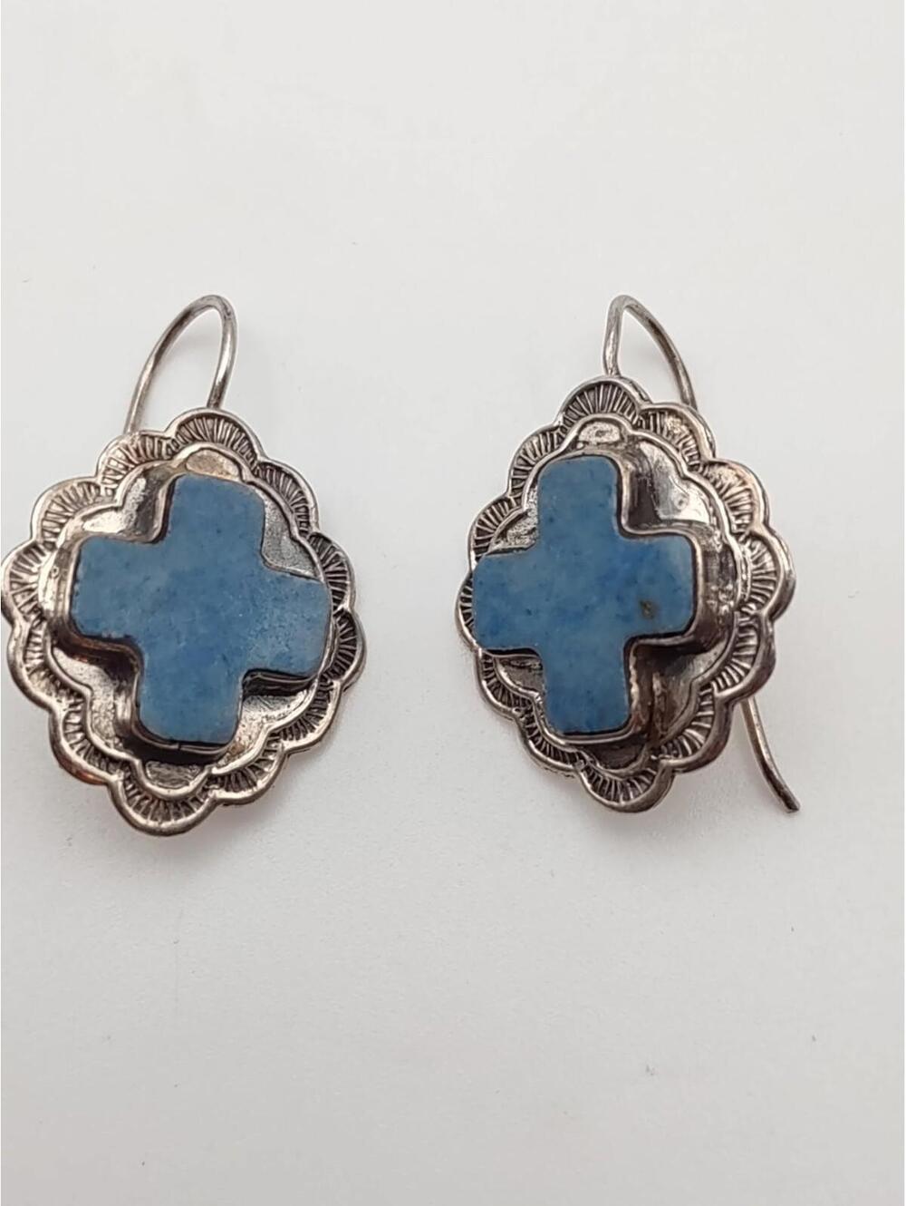 Vintage 925 Thailand Lapis Lazuli Silver Cross Earrings